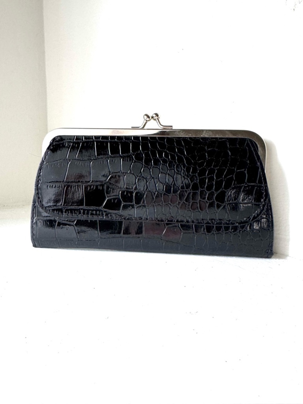 Black Croc-Embossed Kiss-Lock Clutch